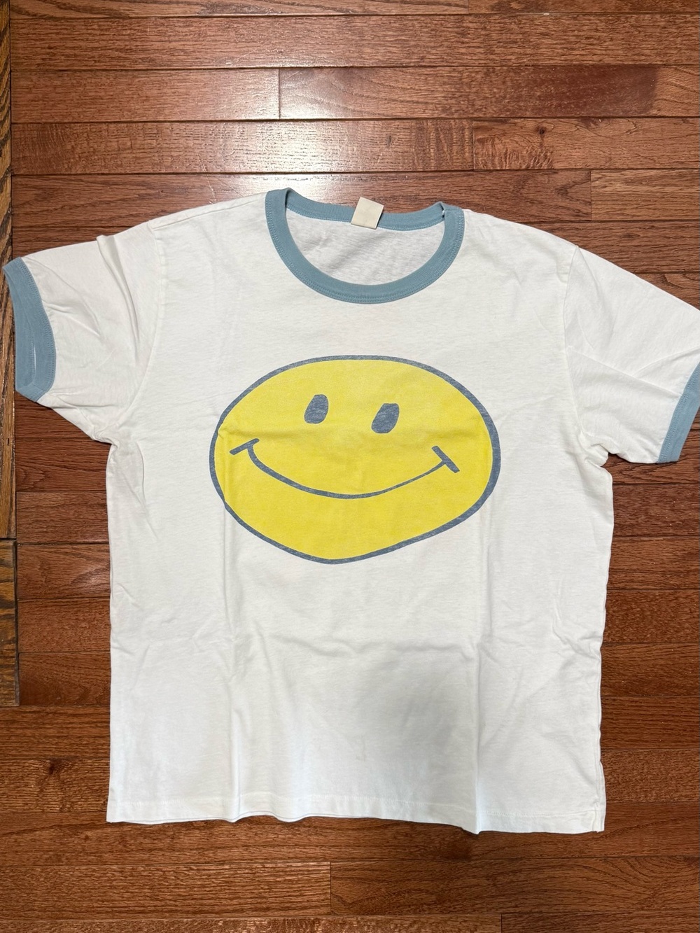 Re/Done White Ringer Tee with Yellow Smiley and Blue Trim - Medium